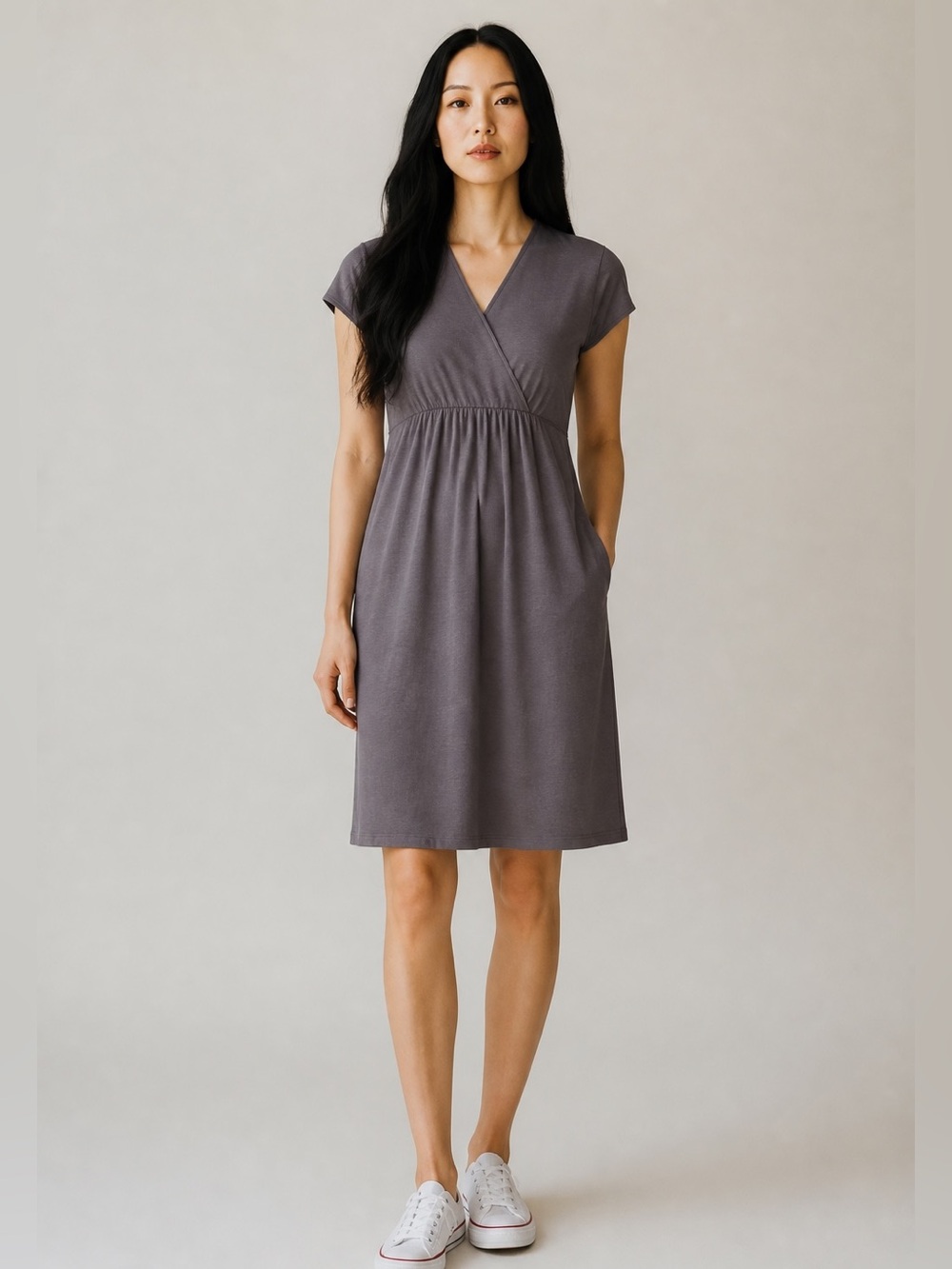 Boden Gray Solid Fit & Flare Dress V-Neck Cap Sleeve Knit Stretch Knee Size 10